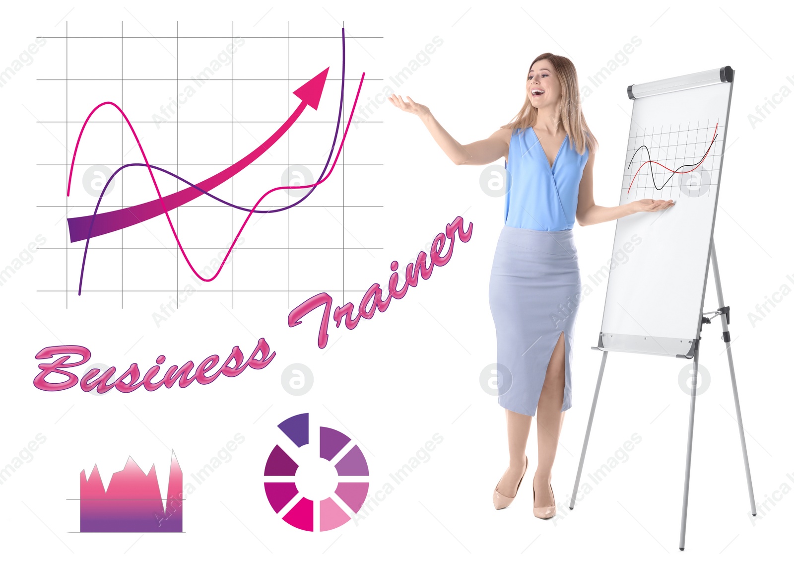 Image of Professional business trainer giving presentation and graphics against white background