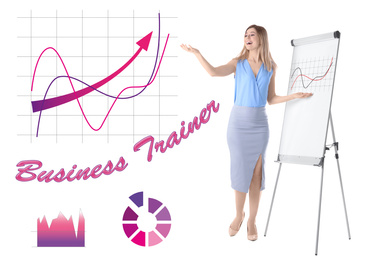 Image of Professional business trainer giving presentation and graphics against white background
