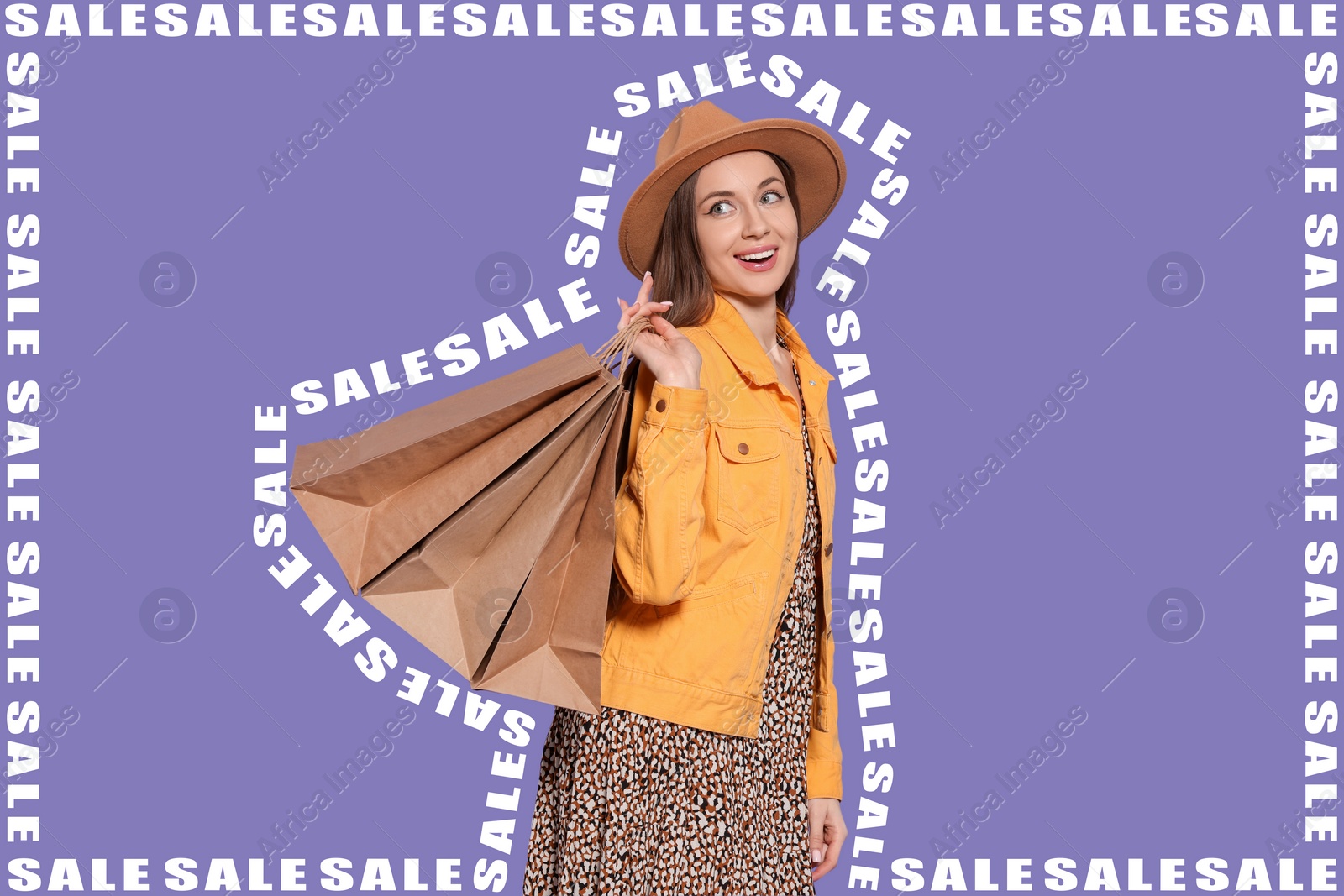 Image of Stylish young woman with shopping bags and words Sale on violet background