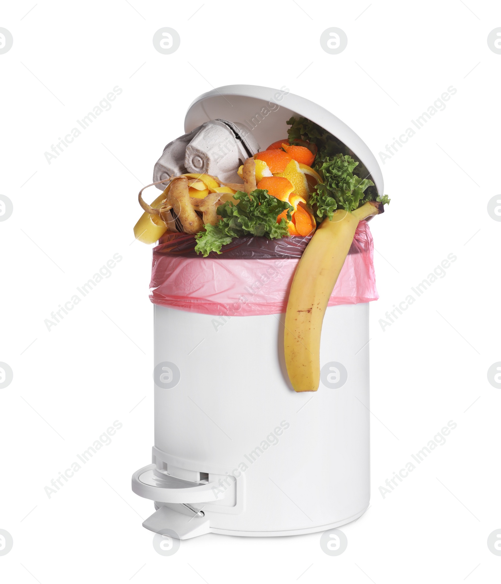 Photo of Bin full of garbage on white background. Rubbish recycling