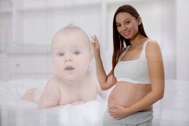 Image of Double exposure of pregnant woman and cute baby