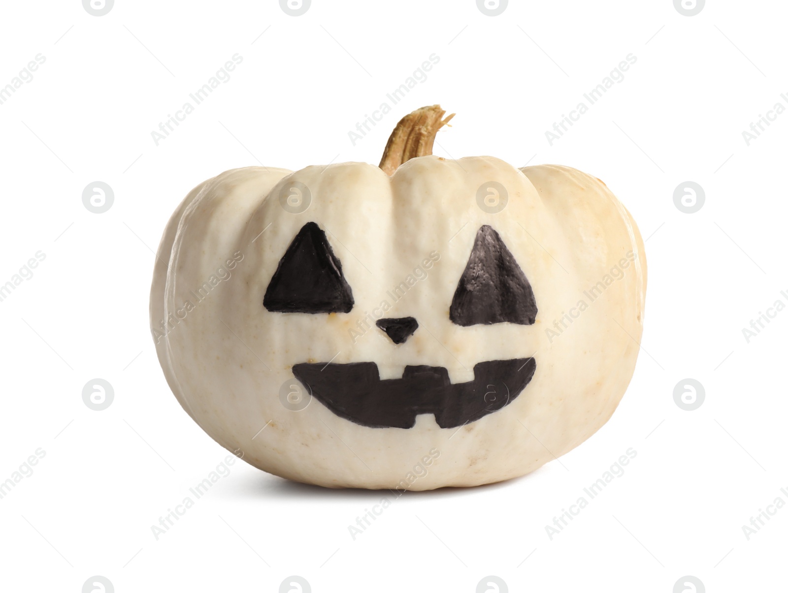 Photo of Halloween pumpkin with cute drawn face isolated on white