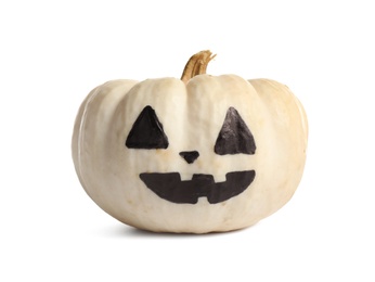 Photo of Halloween pumpkin with cute drawn face isolated on white