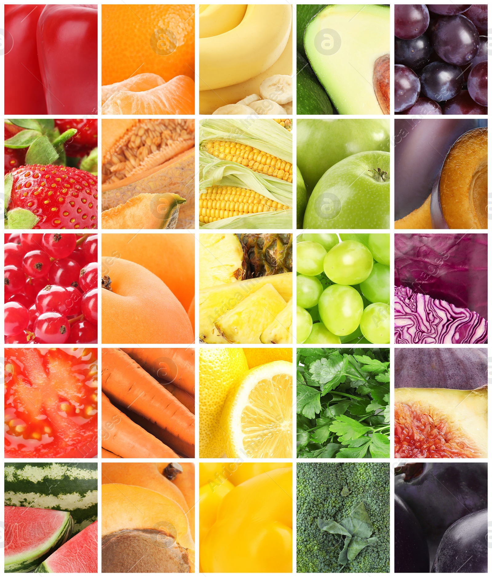 Image of Different fresh fruits, vegetables and berries, collage 