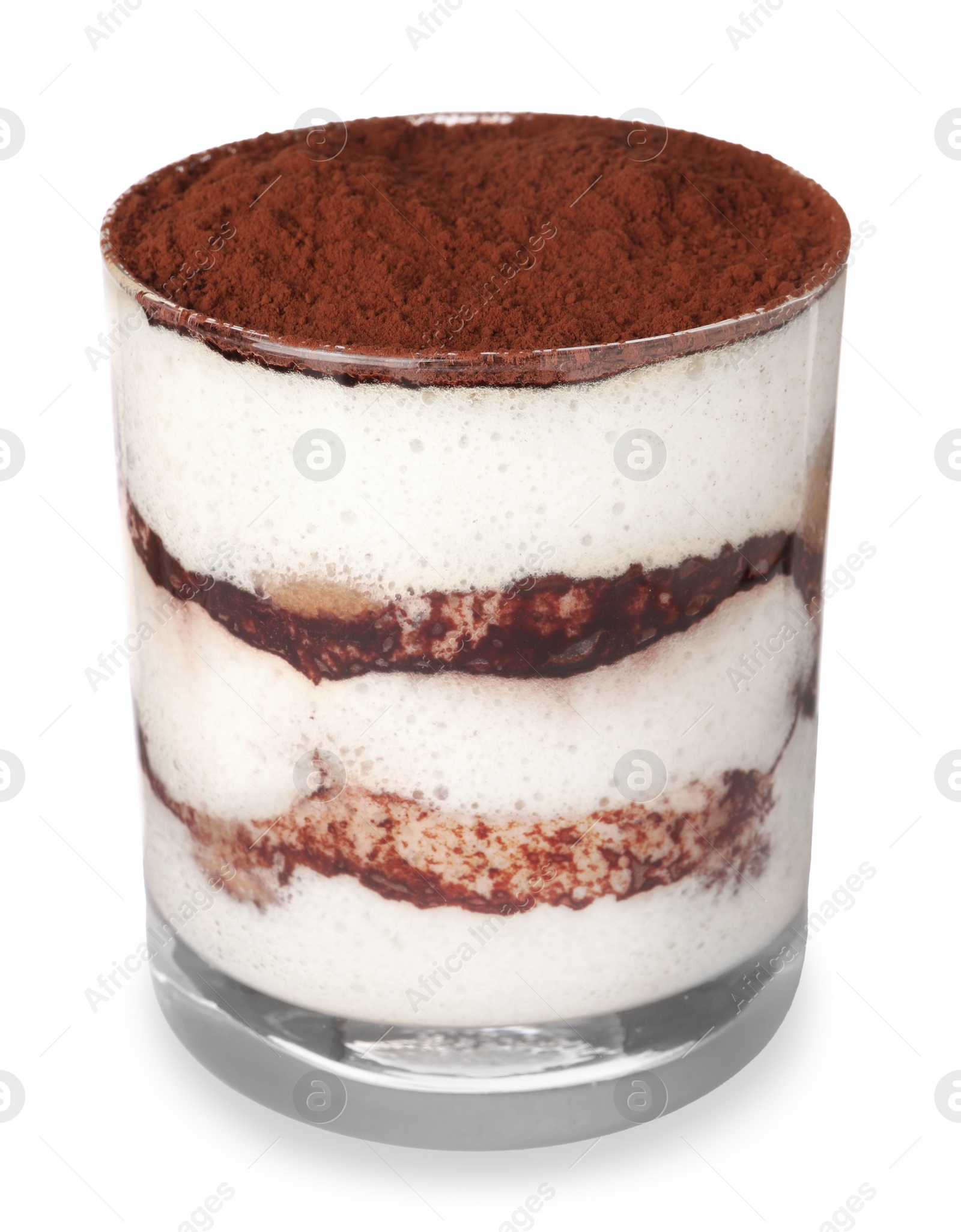 Photo of Delicious tiramisu in glass isolated on white