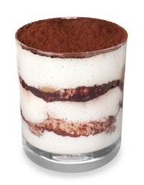 Photo of Delicious tiramisu in glass isolated on white