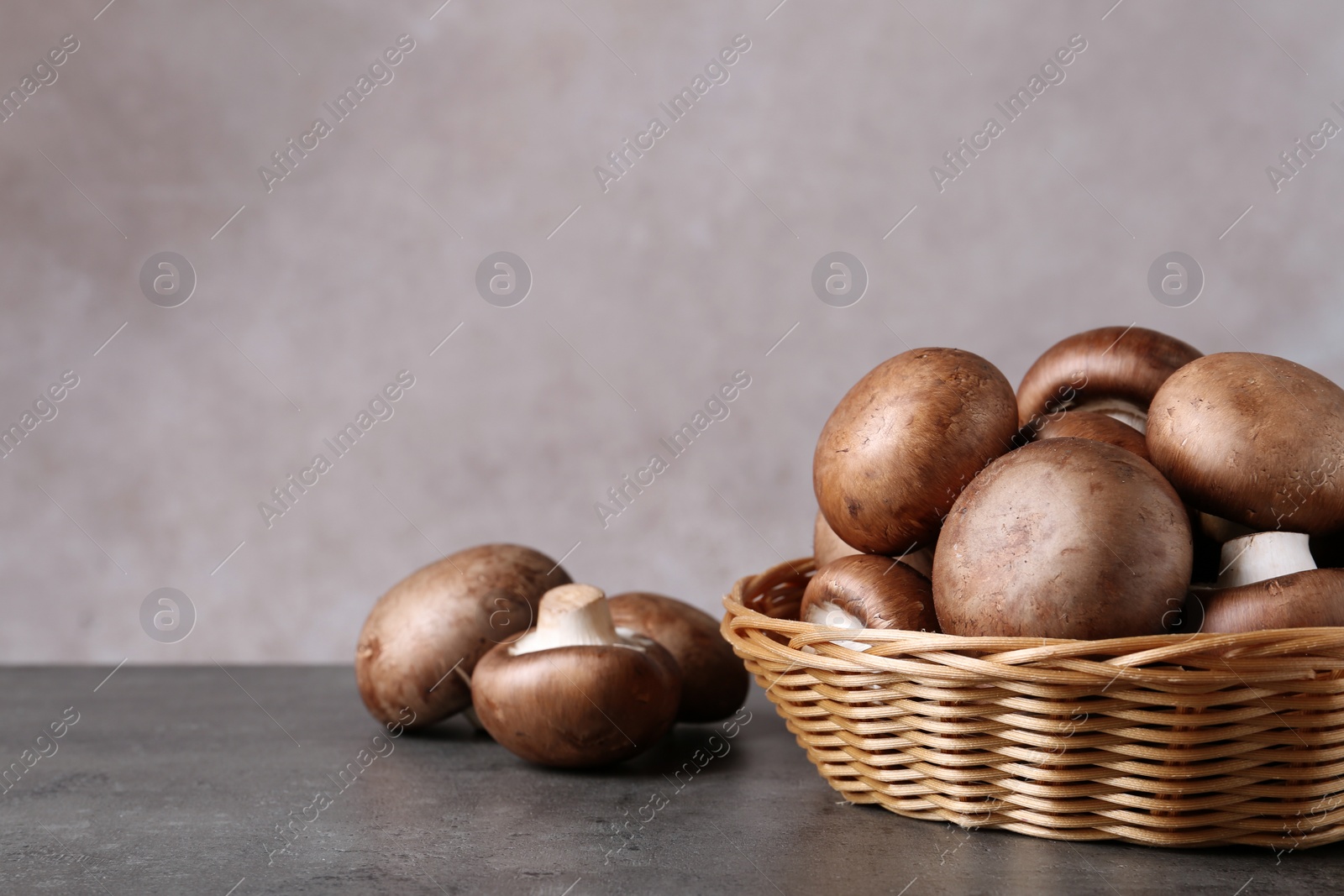 Photo of Wicker bowl and fresh champignon mushrooms on table against color background. Space for text