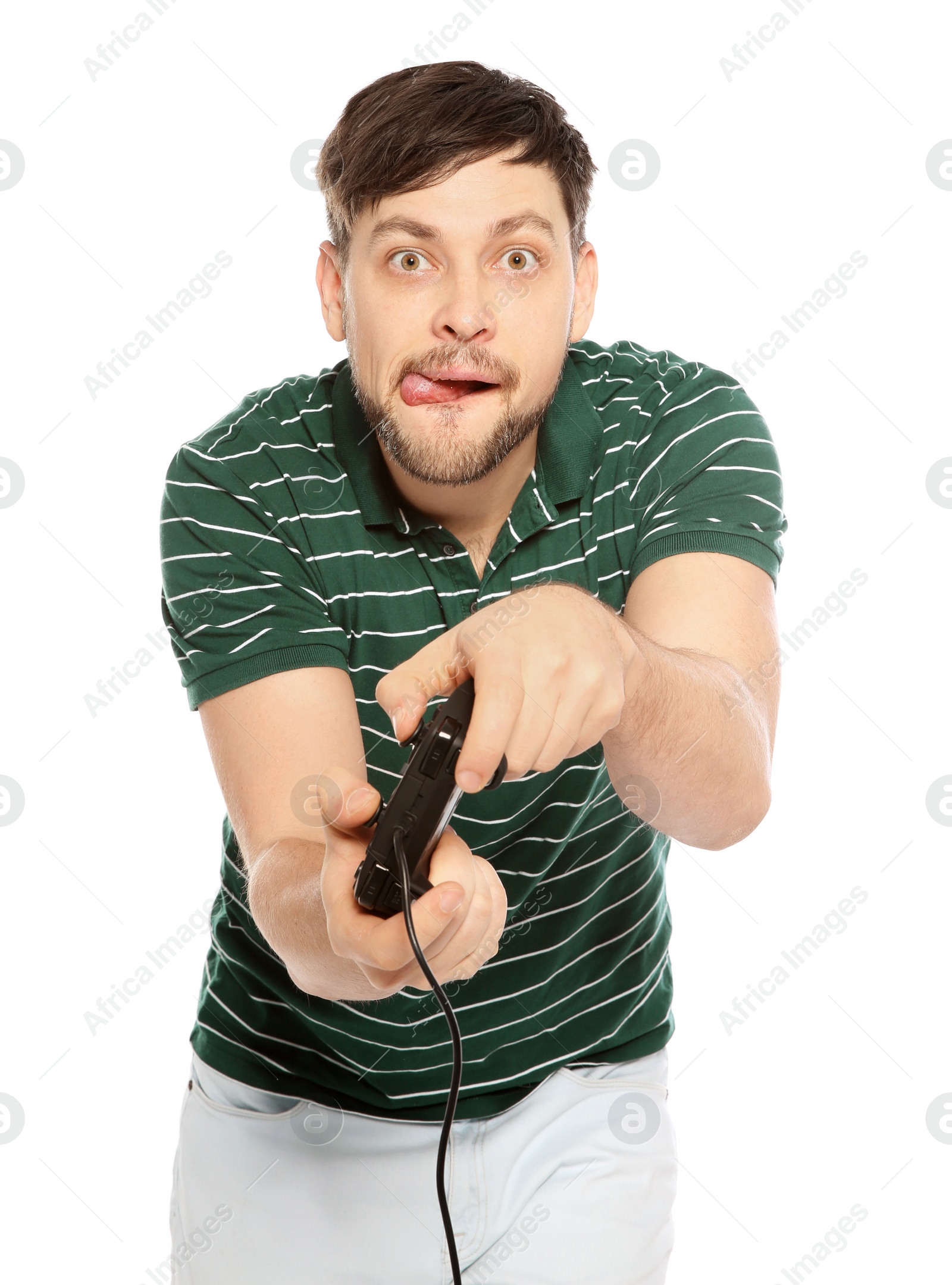 Photo of Emotional man playing video games with controller isolated on white