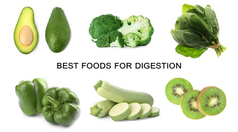 Foods for healthy digestion, collage. Broccoli, avocado, green bell peppers, kiwis, spinach and zucchinis on white background