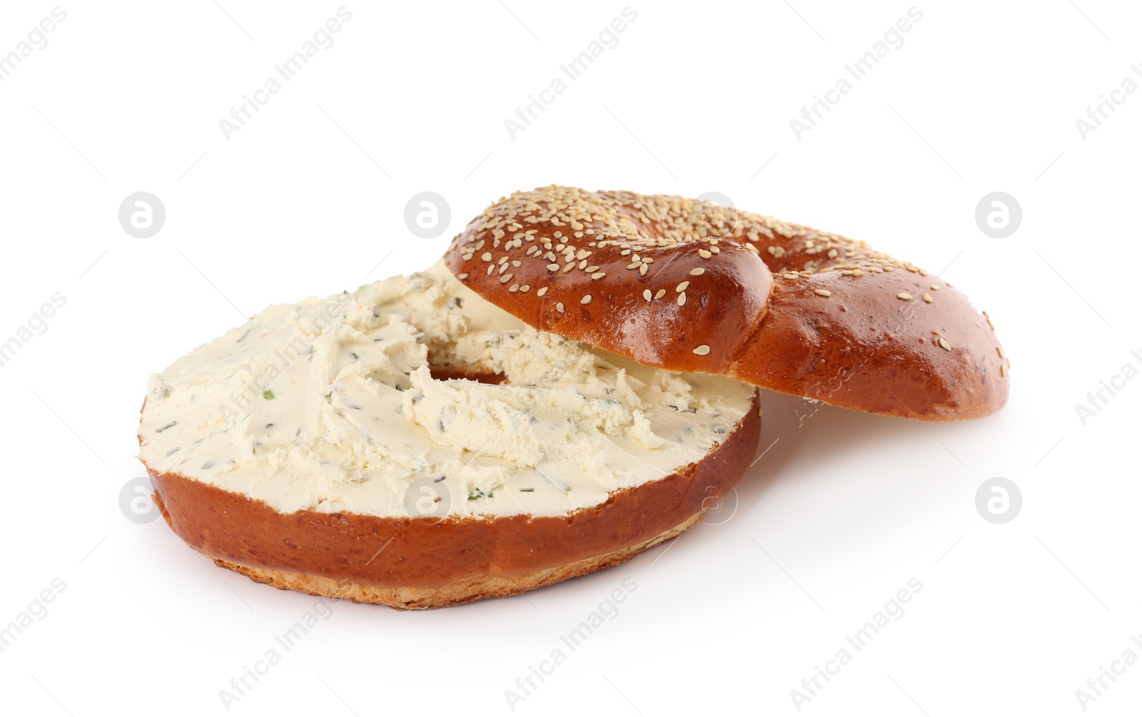 Photo of Delicious fresh bagel with cream cheese on white background