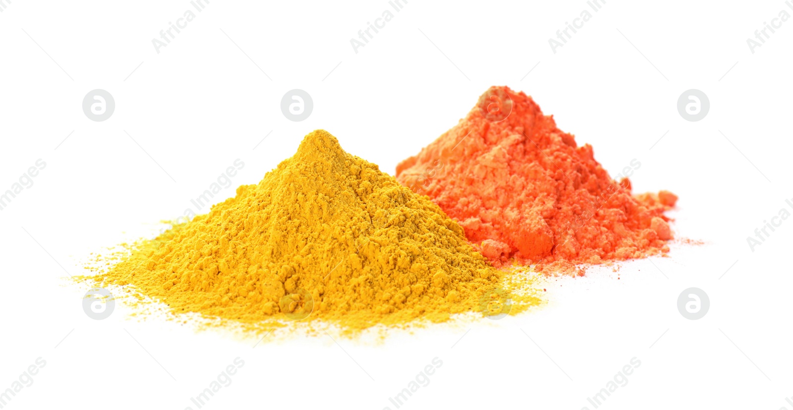 Photo of Colorful powder dyes on white background. Holi festival