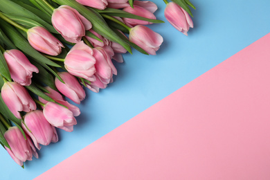 Photo of Beautiful pink spring tulips on color background, flat lay. Space for text