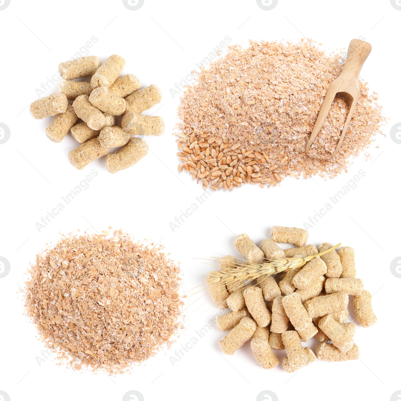 Image of Set with wheat bran on white background, top view