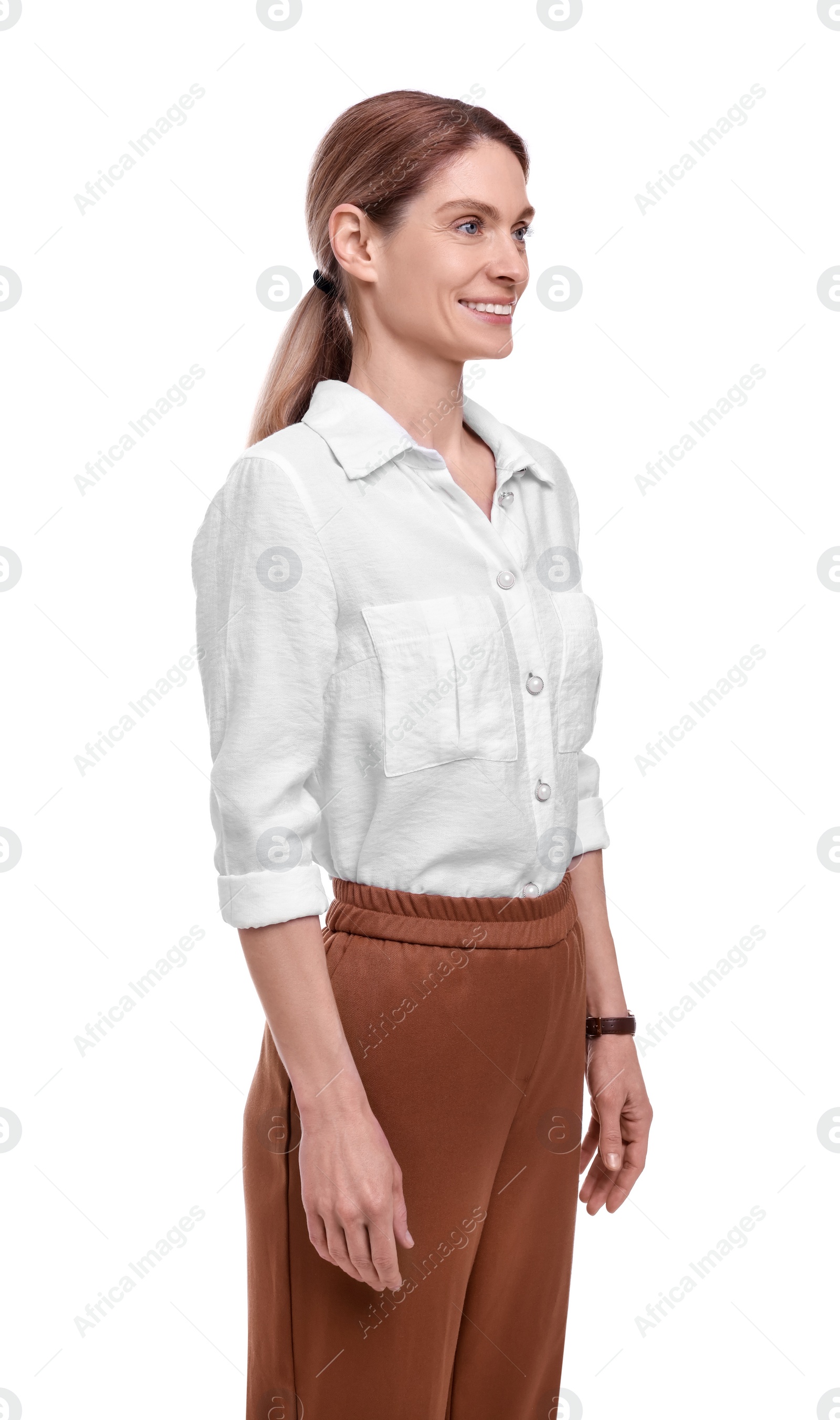 Photo of Portrait of beautiful happy businesswoman on white background