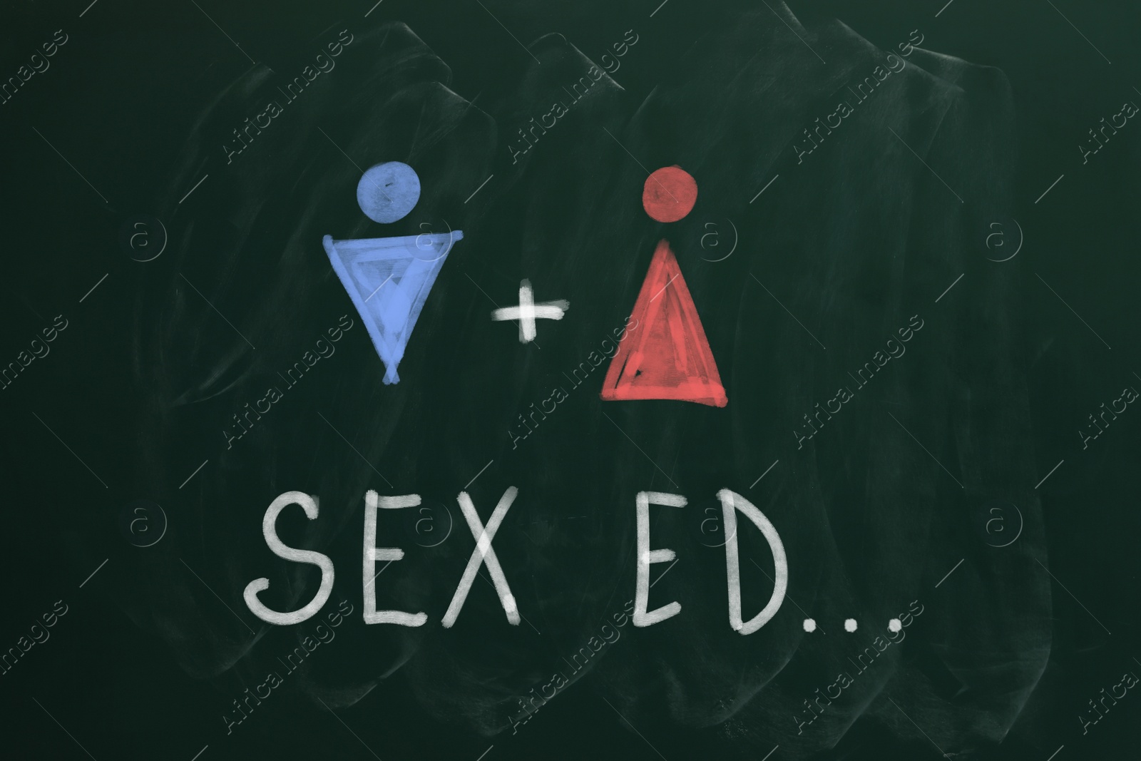 Illustration of Sexual education. Chalked words Sex Ed, female and male figures on green chalkboard