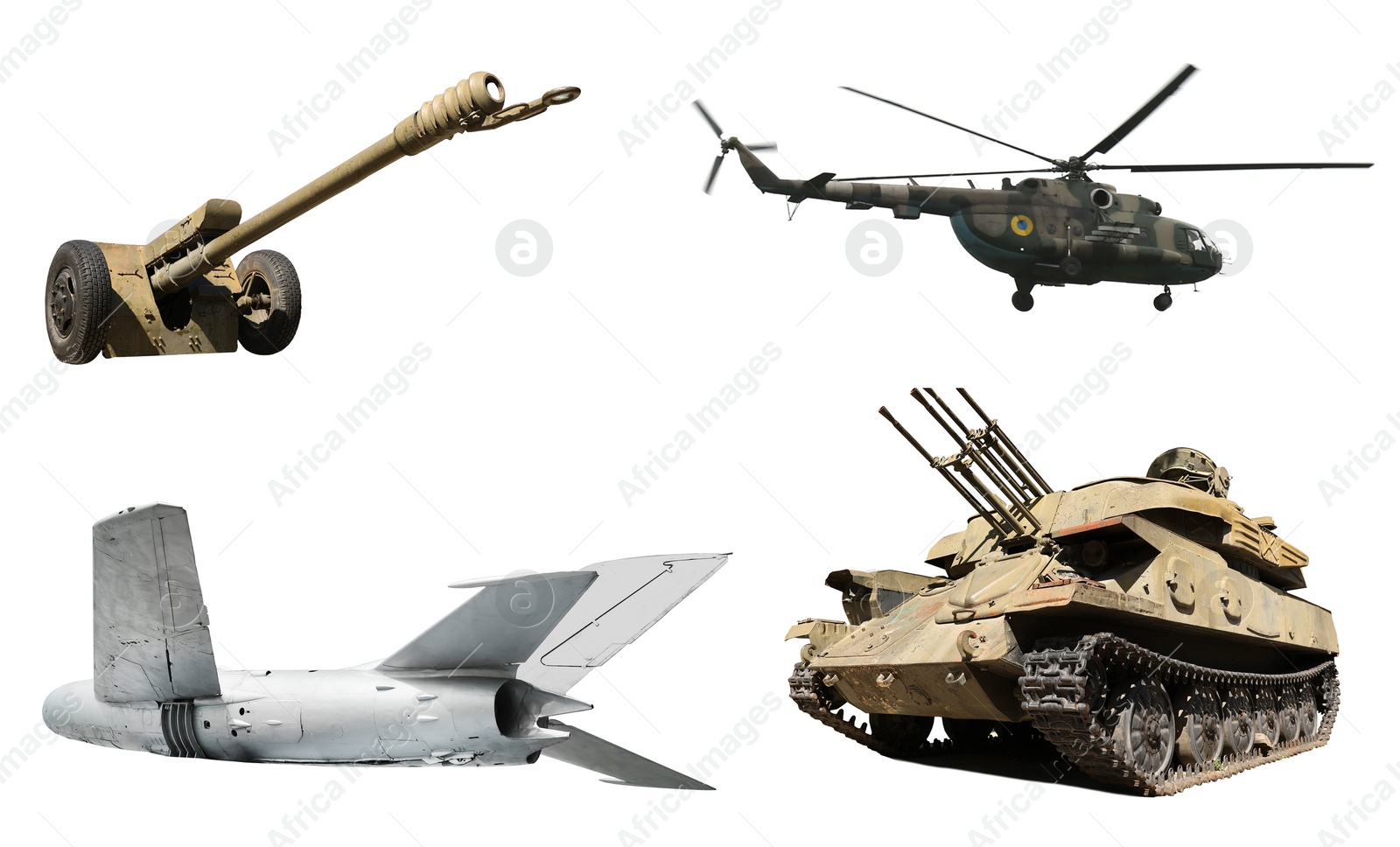 Image of Set of different military machinery on white background