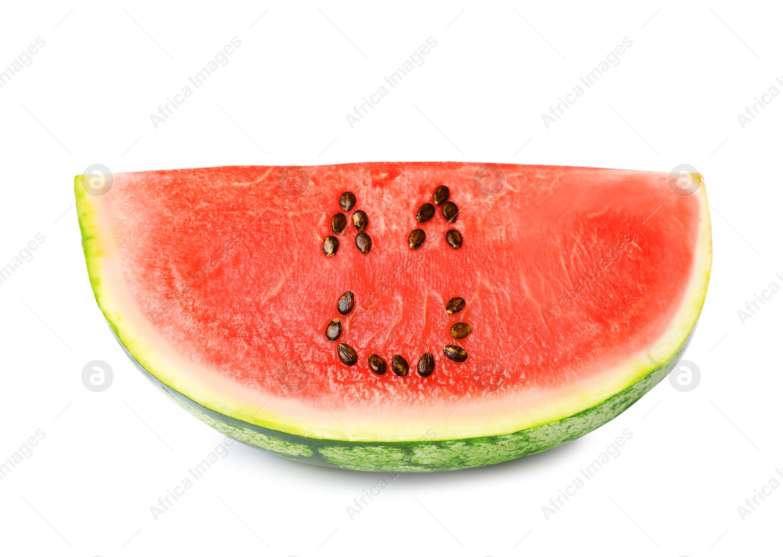 Photo of Watermelon with funny smiling face on white background