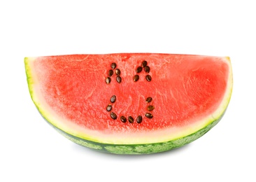 Photo of Watermelon with funny smiling face on white background