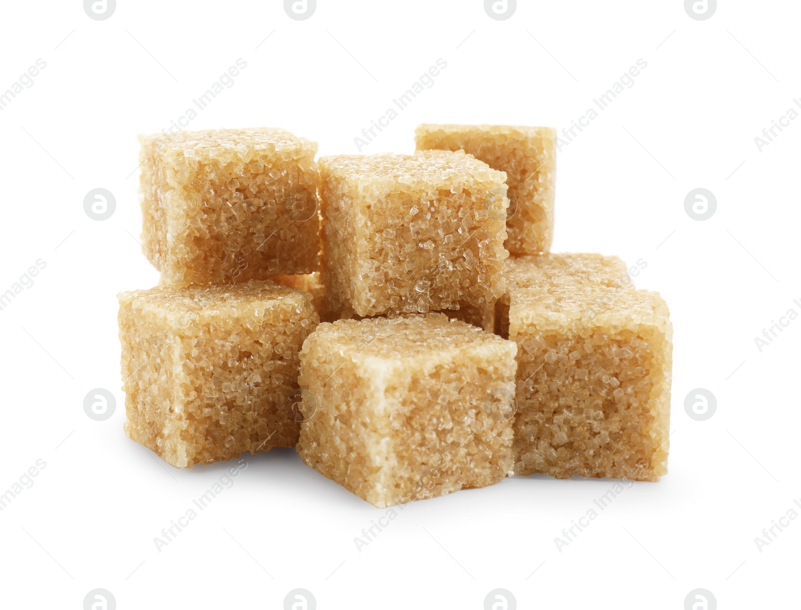 Photo of Many brown sugar cubes isolated on white