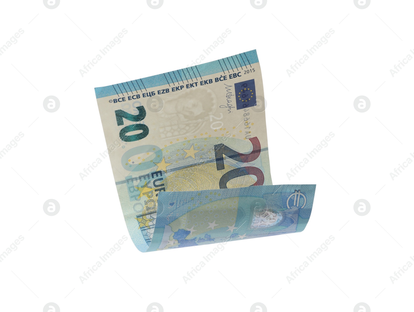 Image of 20 Euro banknote flying on white background