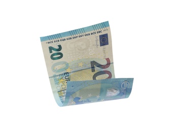 Image of 20 Euro banknote flying on white background