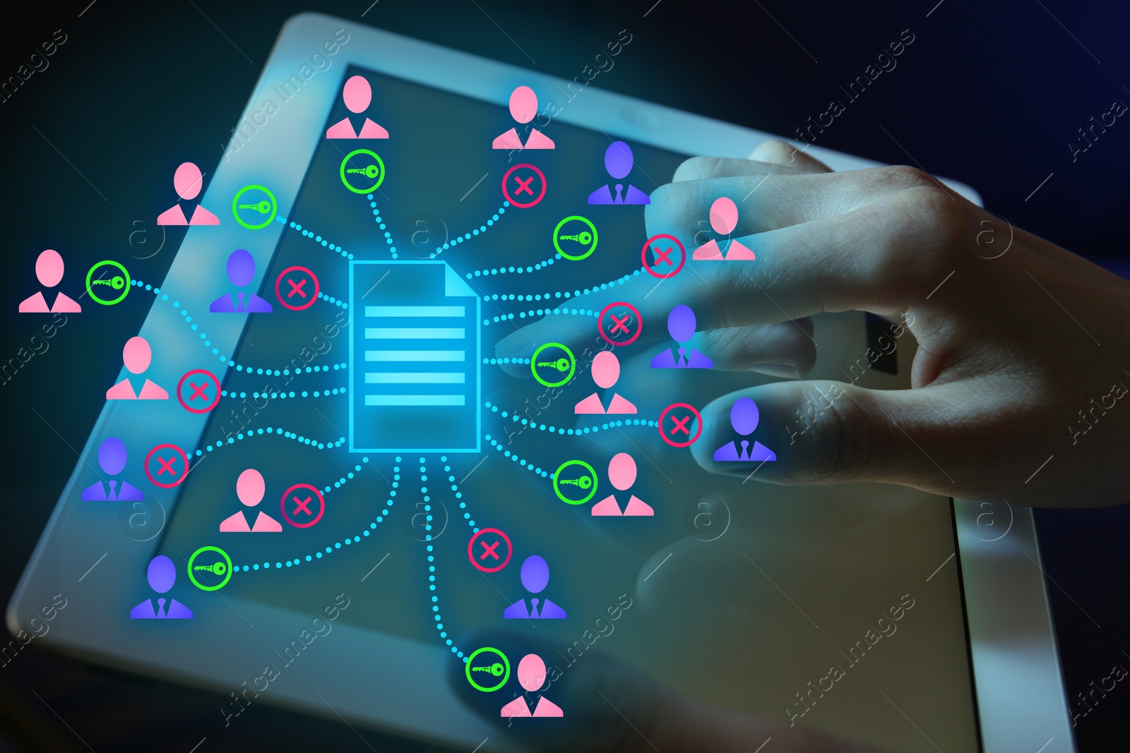 Image of Access to documents. Woman using tablet, closeup. Scheme over device