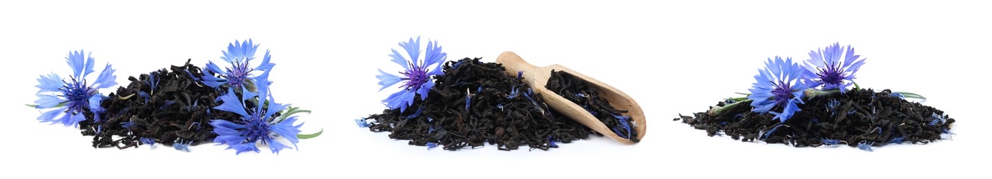 Image of Set with dried cornflower tea and fresh flowers on white background. Banner design