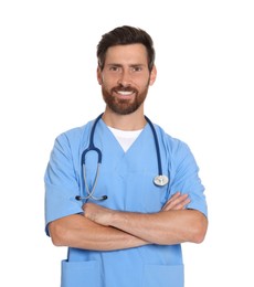 Portrait of doctor in scrubs on white background
