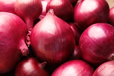 Fresh whole red onions as background, closeup