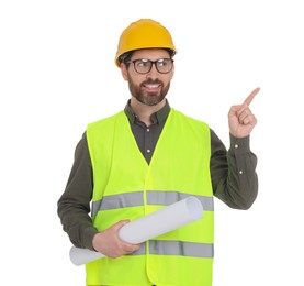 Photo of Architect in hard hat with draft pointing at something on white background