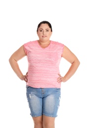 Photo of Fat woman on white background. Weight loss