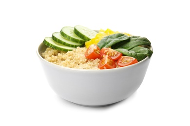 Photo of Healthy quinoa salad with vegetables in bowl isolated on white