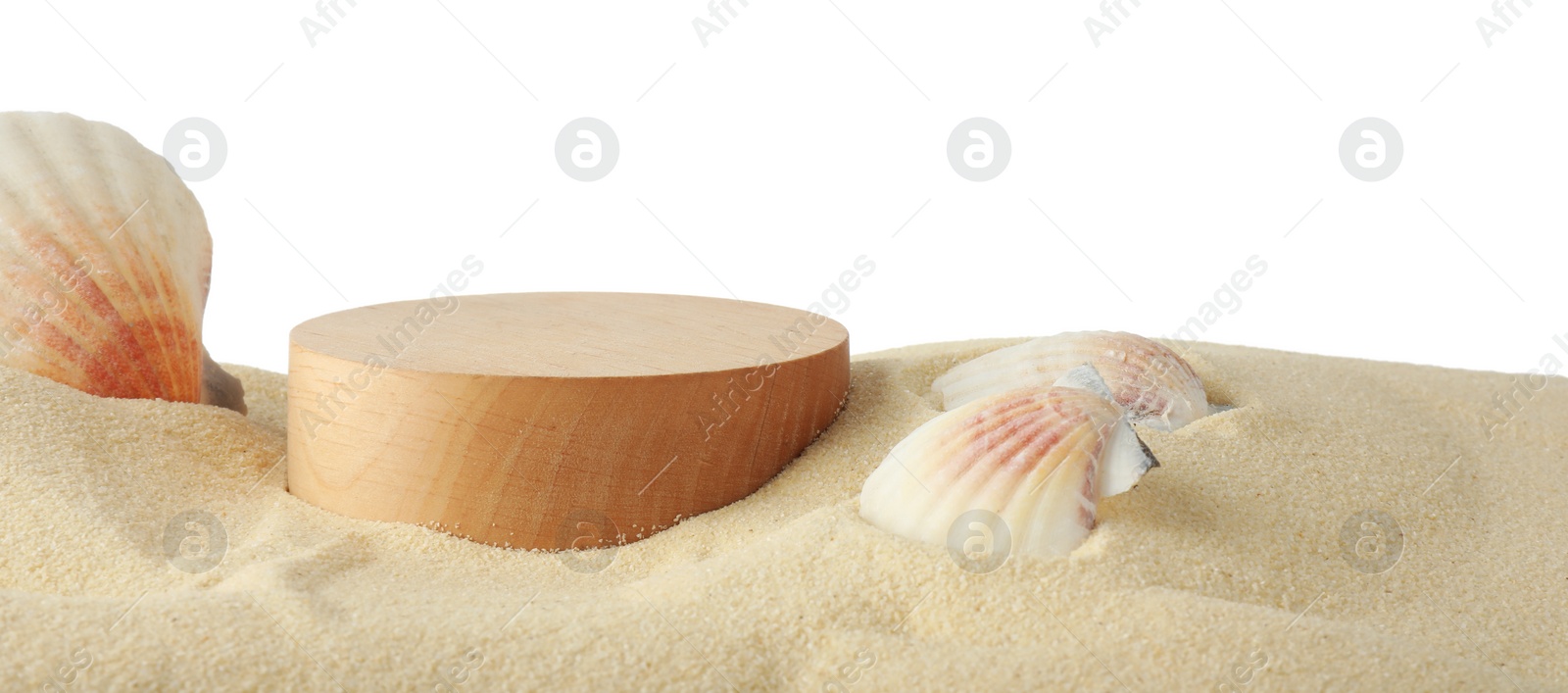 Photo of Presentation of product. Wooden podium on sand and seashells against white background