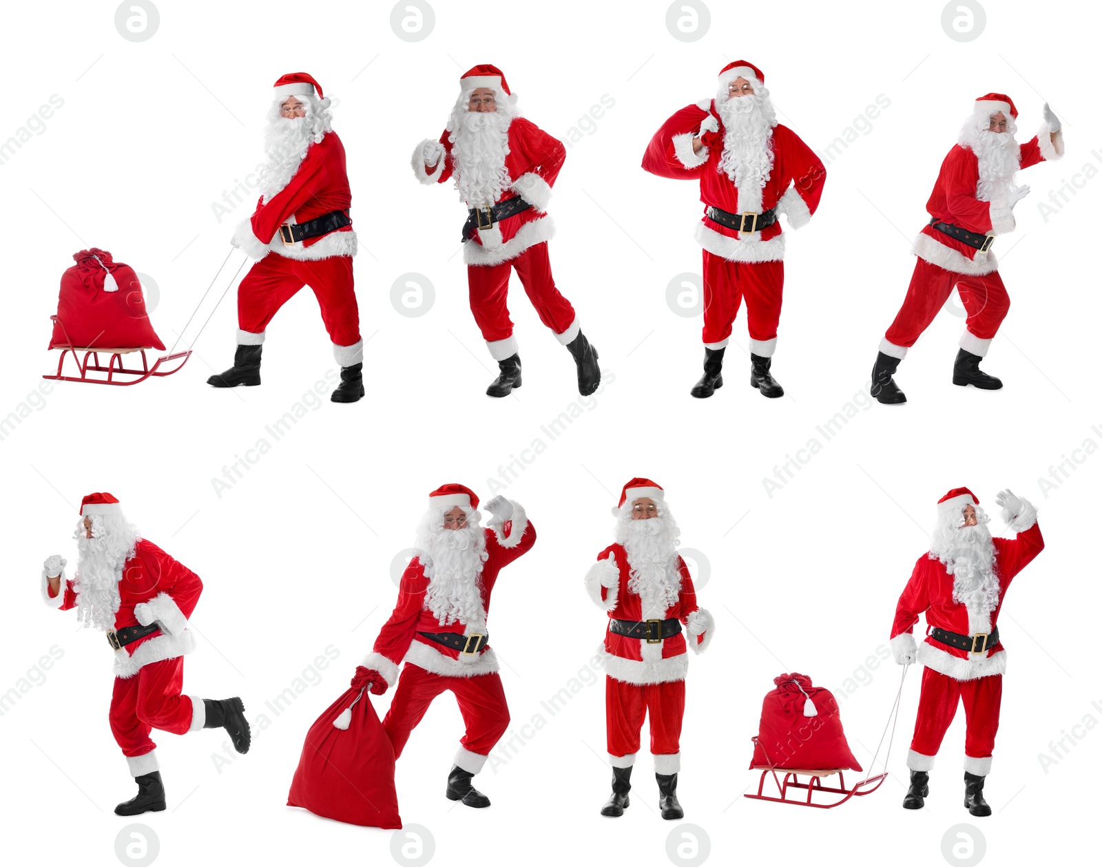 Image of Santa Claus on white background, set of photos. Christmas celebration