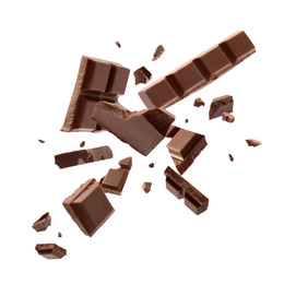 Image of Milk chocolate explosion, pieces shattering on white background