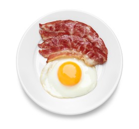 Photo of Plate with delicious fried egg and bacon isolated on white, top view