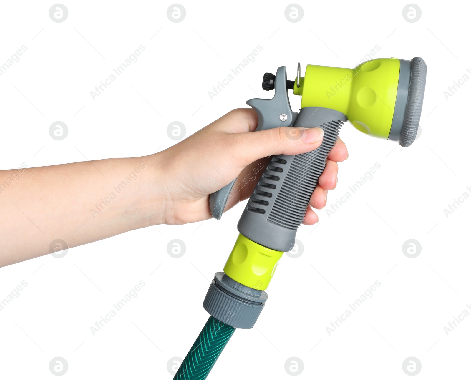 Photo of Woman holding watering hose with sprinkler on white background, closeup