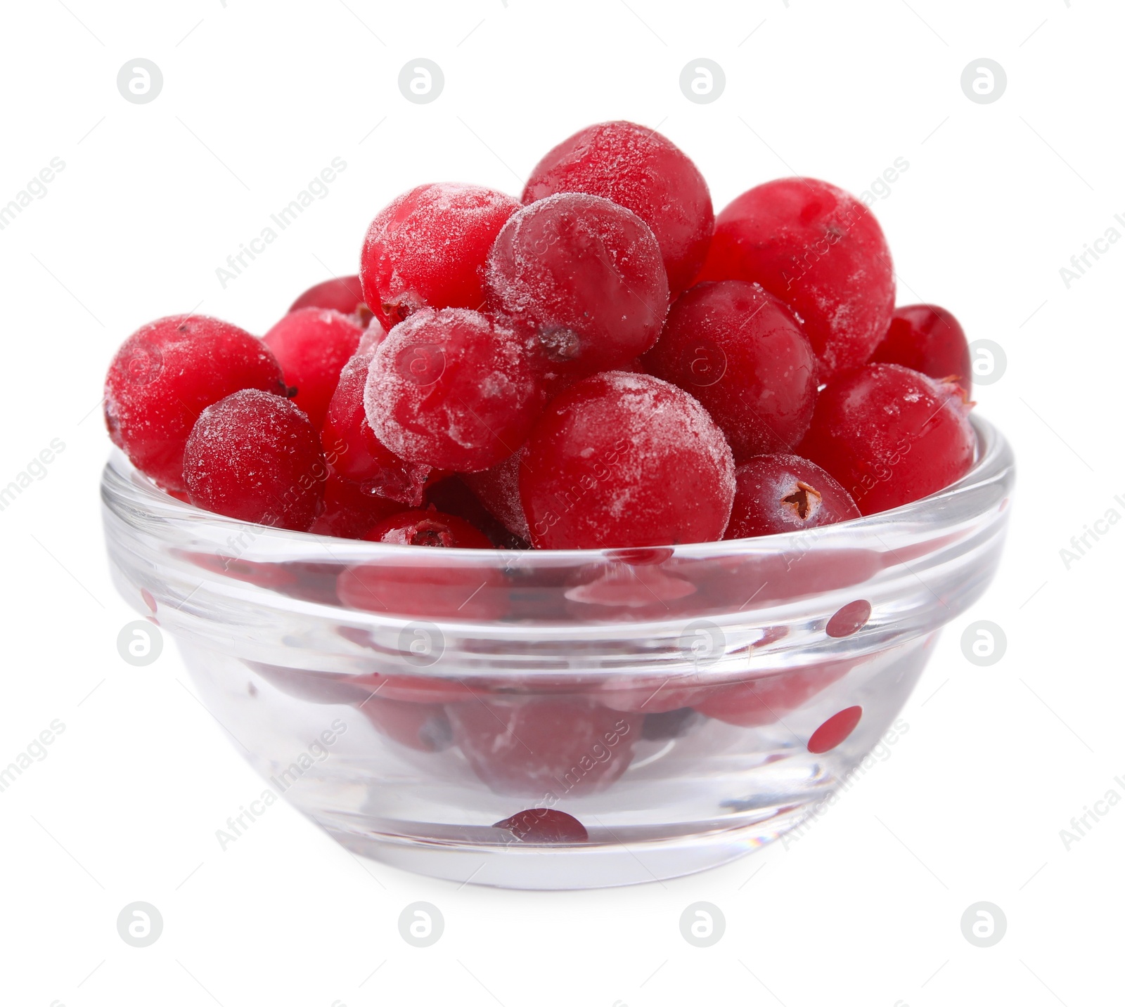 Photo of Frozen red cranberries in bowl isolated on white