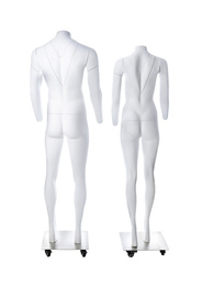 Photo of Male and female ghost headless mannequins with removable pieces isolated on white, back view