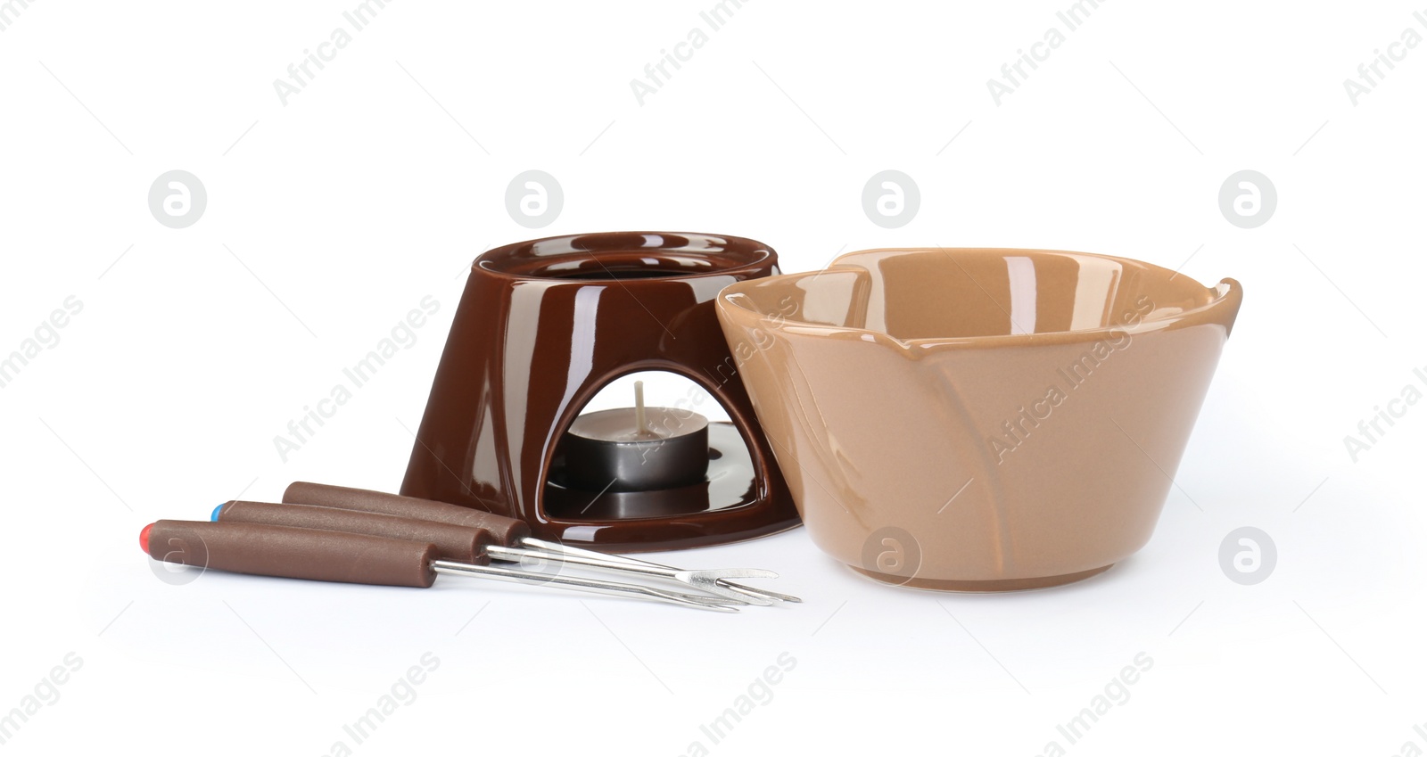 Photo of Fondue set isolated on white. Kitchen equipment