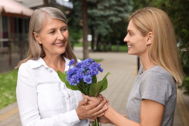 Photo of Happy daughter giving beautiful cornflowers to her mature mother outdoors
