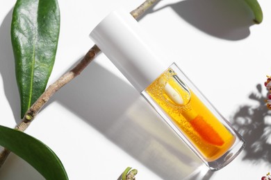 Orange lip gloss and branch on white background, closeup