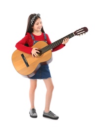 Little cheerful girl playing guitar, isolated on white