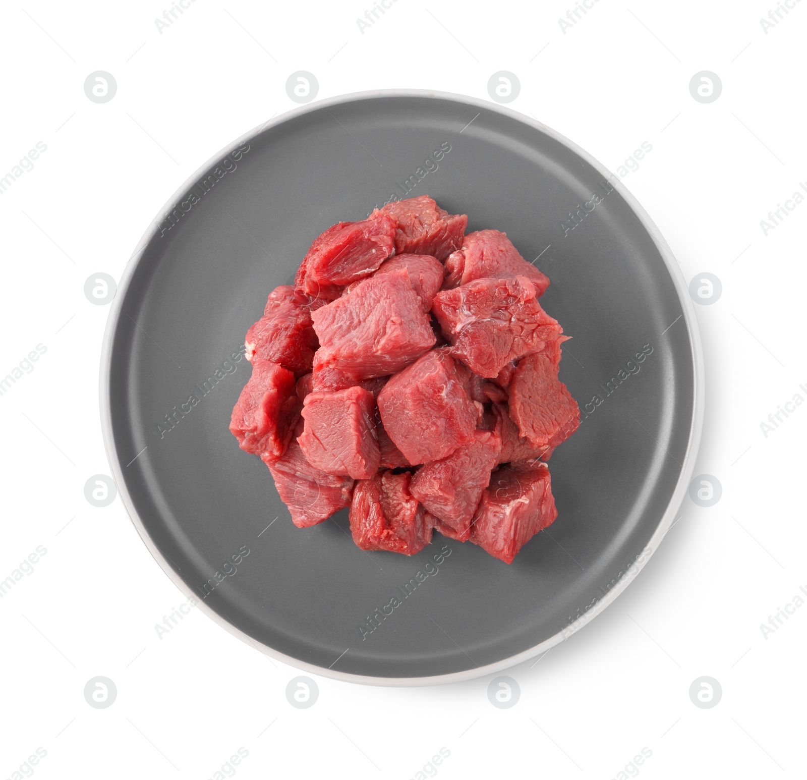 Photo of Pieces of raw beef meat isolated on white, top view