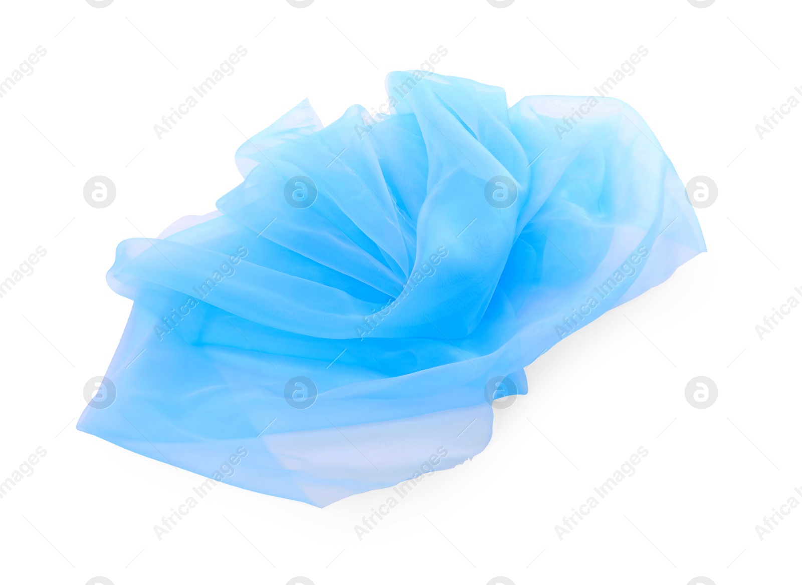 Photo of Beautiful light blue tulle fabric on white background, top view