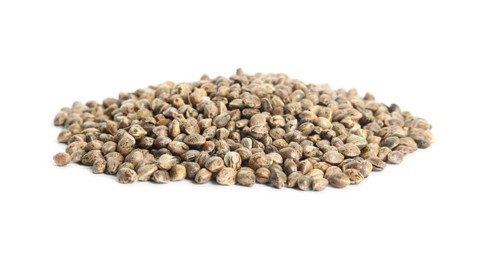 Pile of hemp seeds on white background