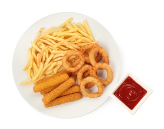 Photo of Tasty french fries, cheese sticks, fried onion rings and ketchup on white background, top view