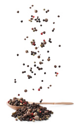 Image of Mix of different peppercorns on white background