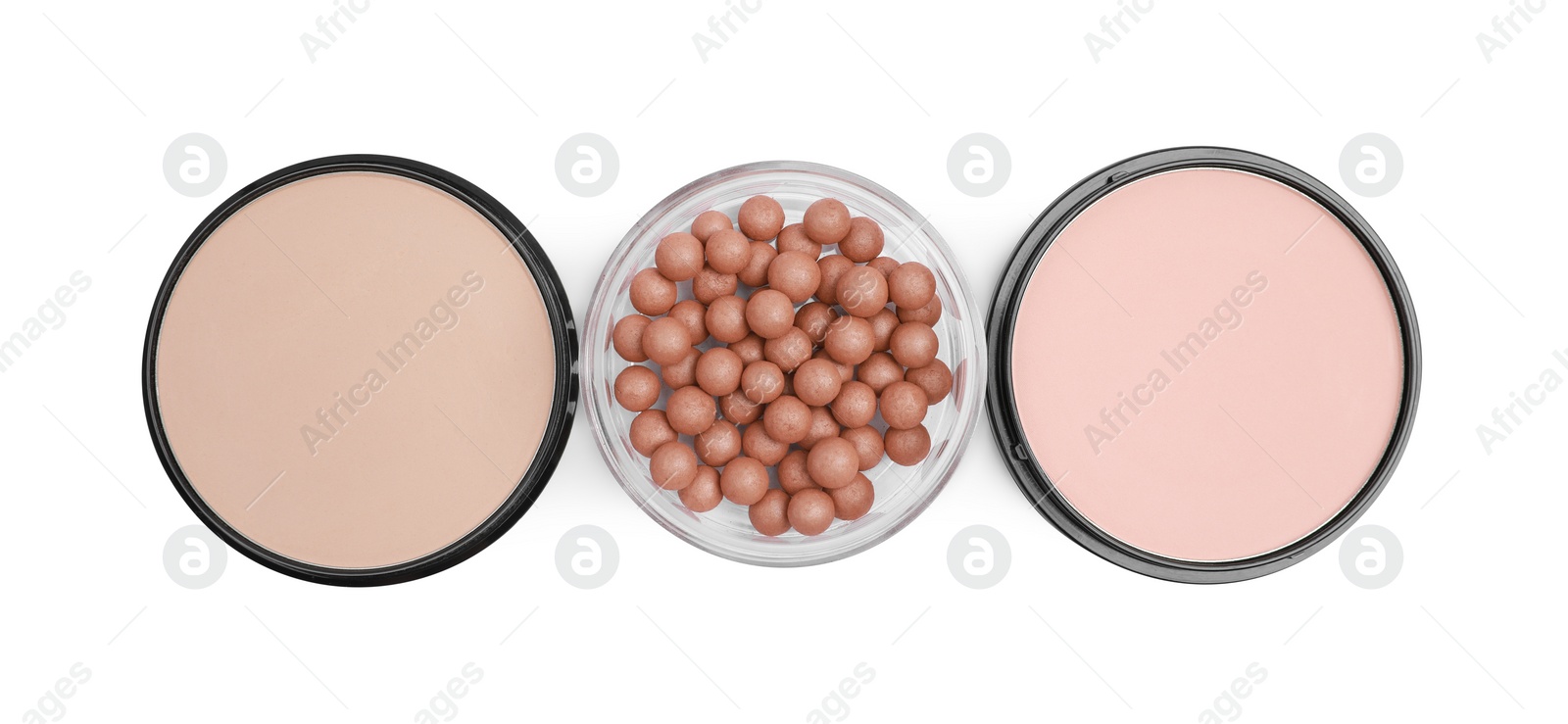 Photo of Different face powders isolated on white, top view