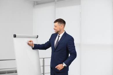 Photo of Professional business trainer near flip chart board indoors. Space for text